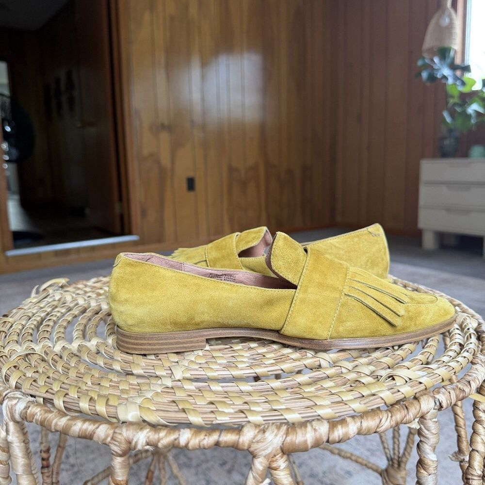 Matiko Anthropologie Suede Leather Loafers Mustard Size 38 Fringe Pointed Toe - Picture 10 of 10